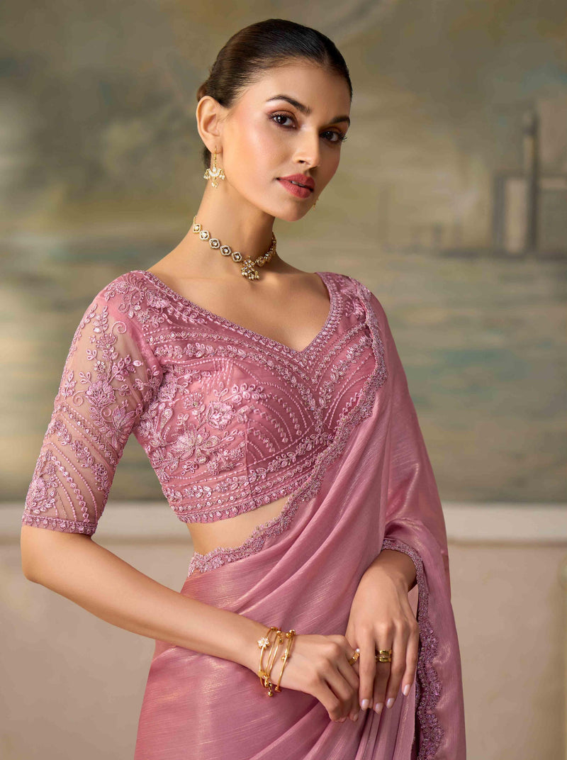 Shimmer Pink Chiffon Saree with Embroidered Border PARTY