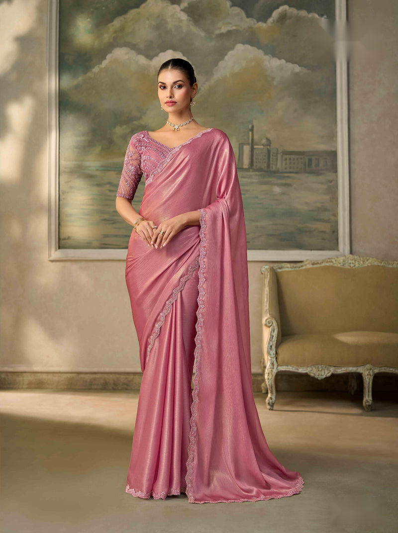 Shimmer Pink Chiffon Saree with Embroidered Border PARTY