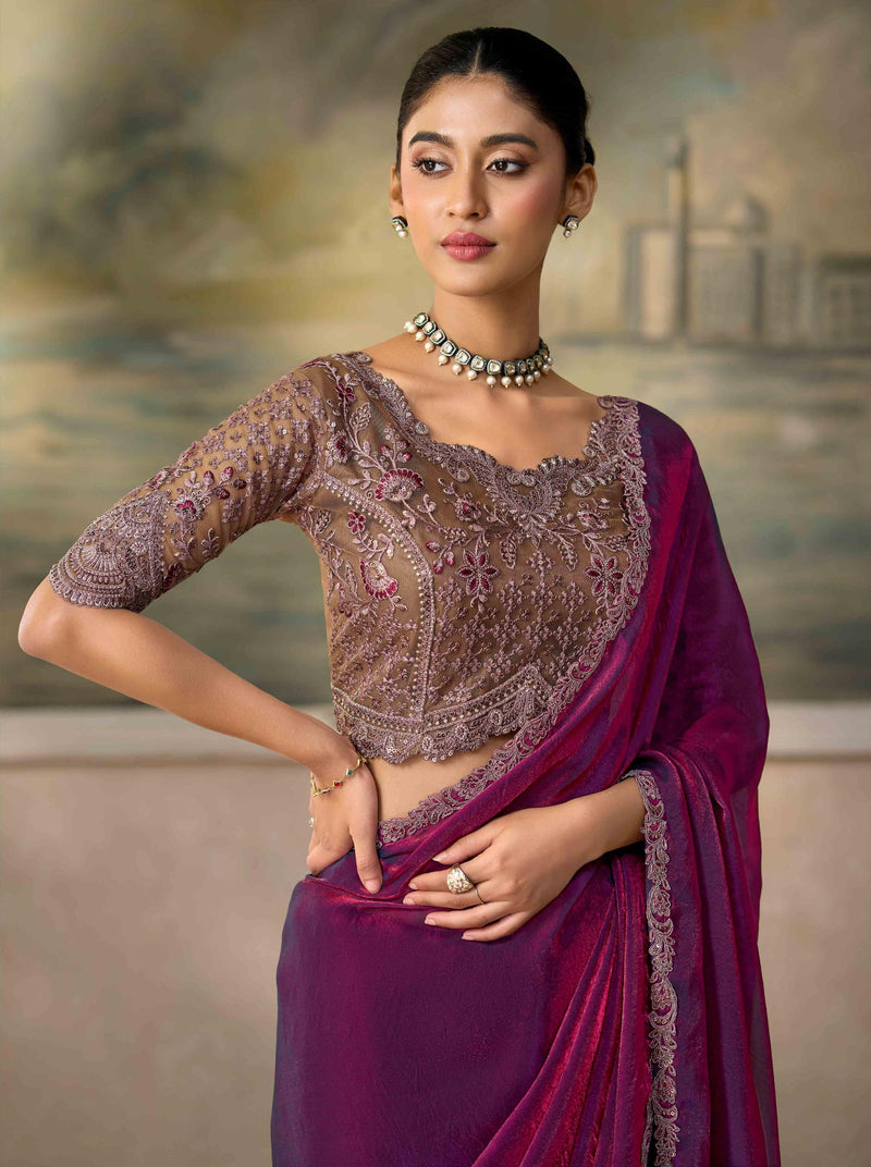 Electric Wine Satin Silk Saree with Embroidered Border PARTY
