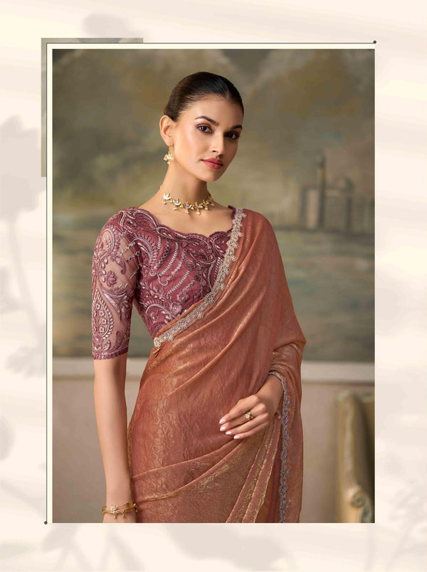 Golden Chickoo Georgette Saree with Tussar Work Blouse PARTY