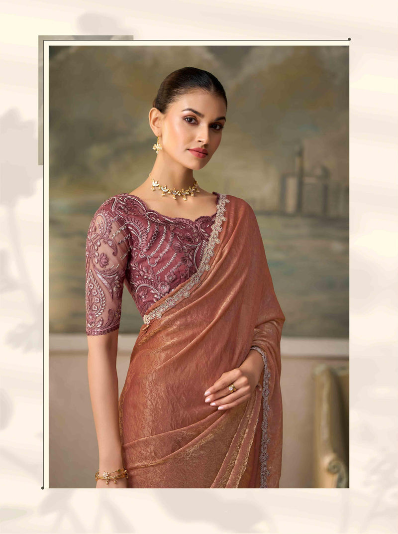 Golden Chickoo Georgette Saree with Tussar Work Blouse PARTY