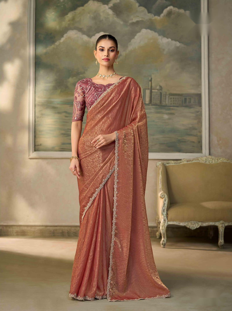 Golden Chickoo Georgette Saree with Tussar Work Blouse PARTY