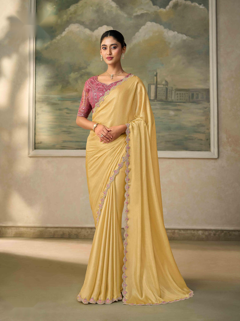 Shimmer Rich Yellow Chiffon Saree with Embroidered Border PARTY