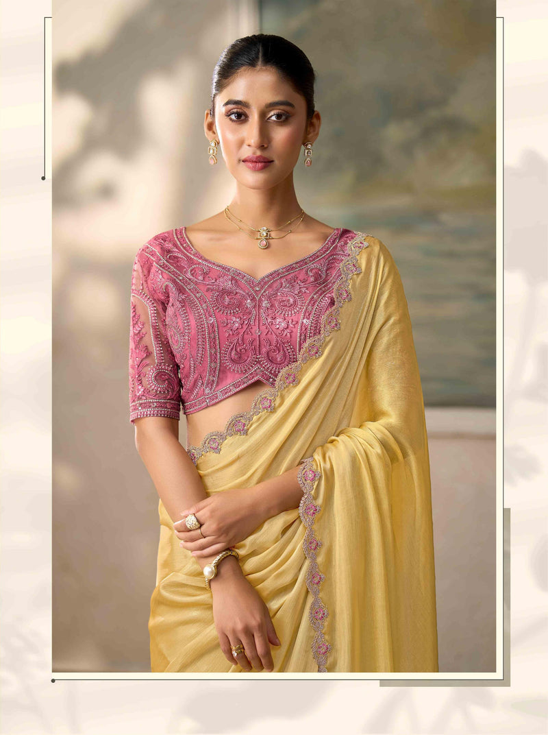 Shimmer Rich Yellow Chiffon Saree with Embroidered Border PARTY