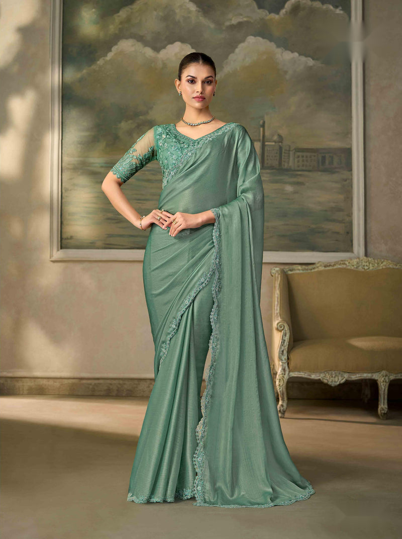 Shimmer Pista Green Chiffon Saree with Embroidered Border PARTY
