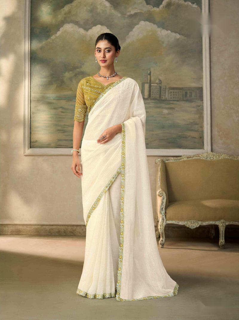 Ivory Chiffon Saree with Silver Embroidered Border PARTY