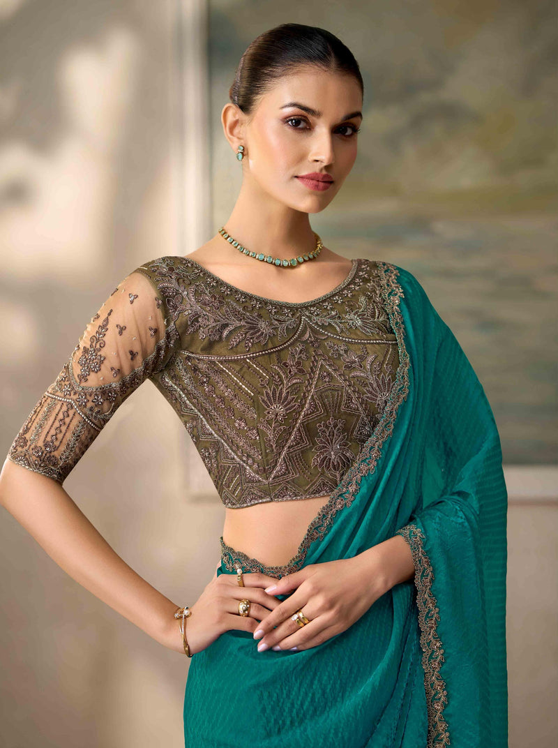Teal Self Jacquard Satin Georgette Saree with Embroidered Border PARTY