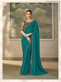 Teal Self Jacquard Satin Georgette Saree with Embroidered Border PARTY