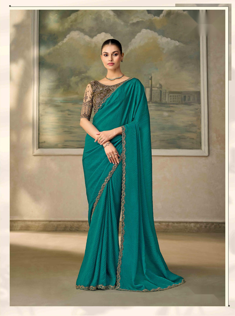 Teal Self Jacquard Satin Georgette Saree with Embroidered Border PARTY