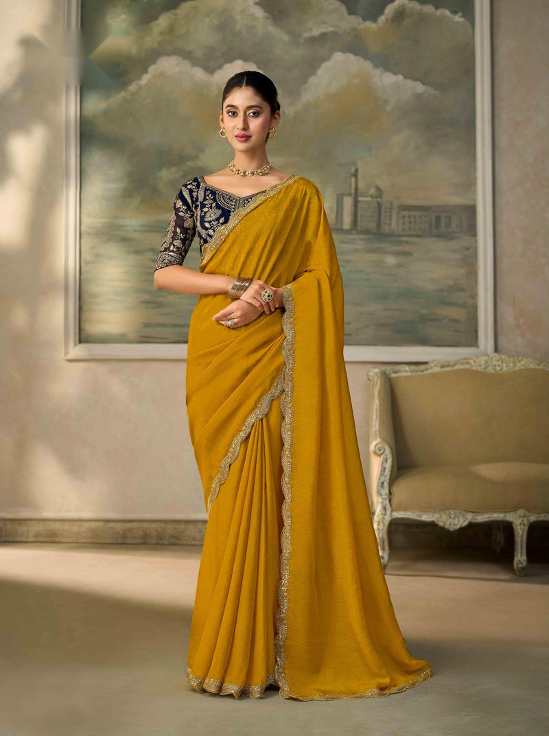 Olive Yellow Georgette Saree with Embroidered Border PARTY