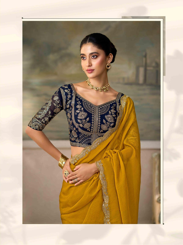 Olive Yellow Georgette Saree with Embroidered Border PARTY