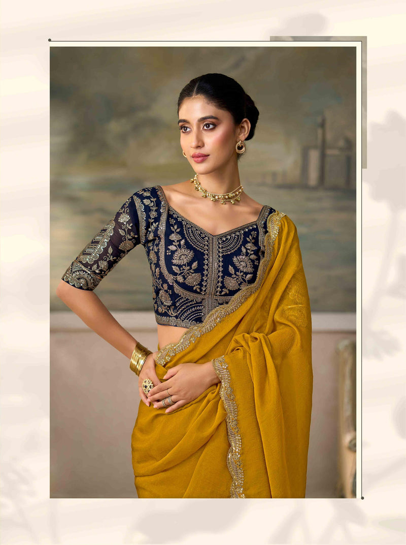 Olive Yellow Georgette Saree with Embroidered Border PARTY