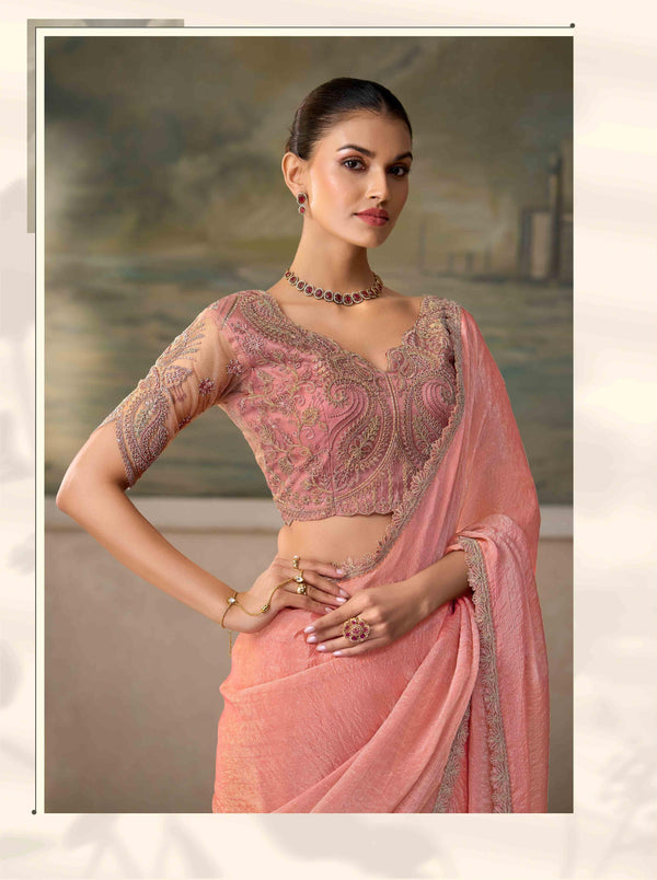 Peach Pink Crushed Tissue Saree with Embroidered Border PARTY