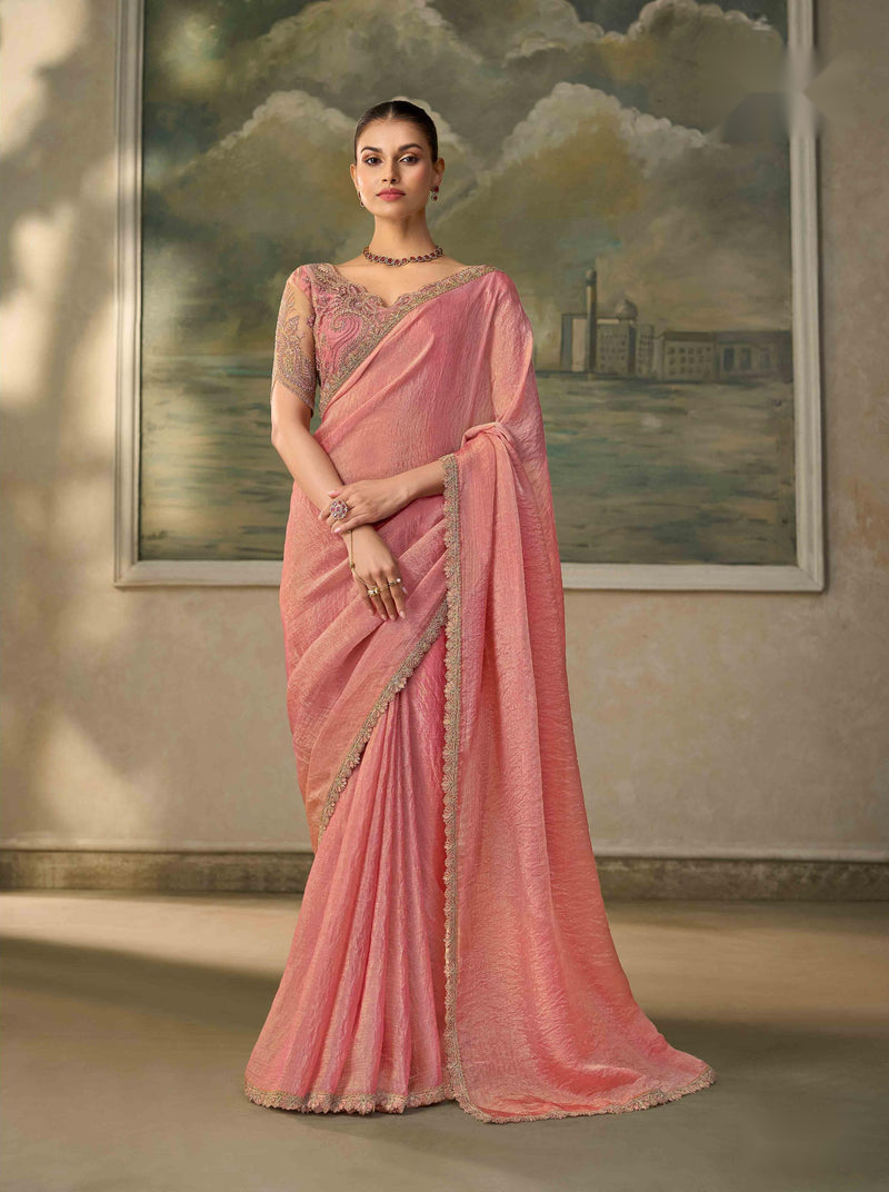 Peach Pink Crushed Tissue Saree with Embroidered Border PARTY