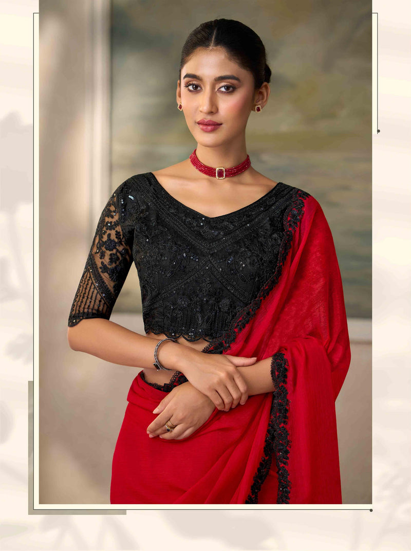 Blood Red Chiffon Saree with Black Embroidered Border PARTY