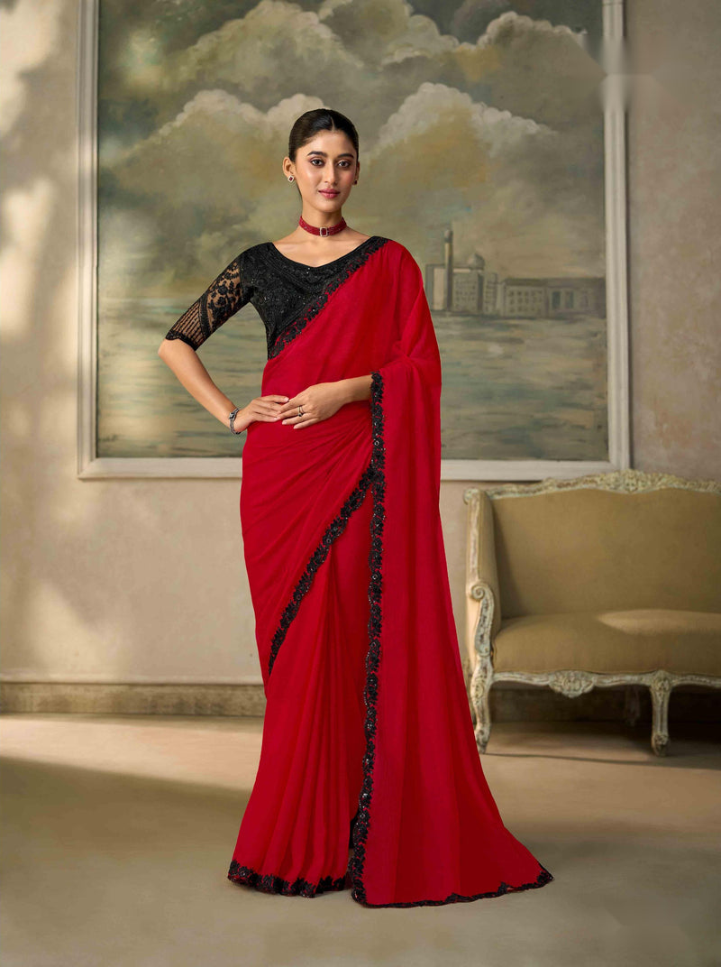 Blood Red Chiffon Saree with Black Embroidered Border PARTY