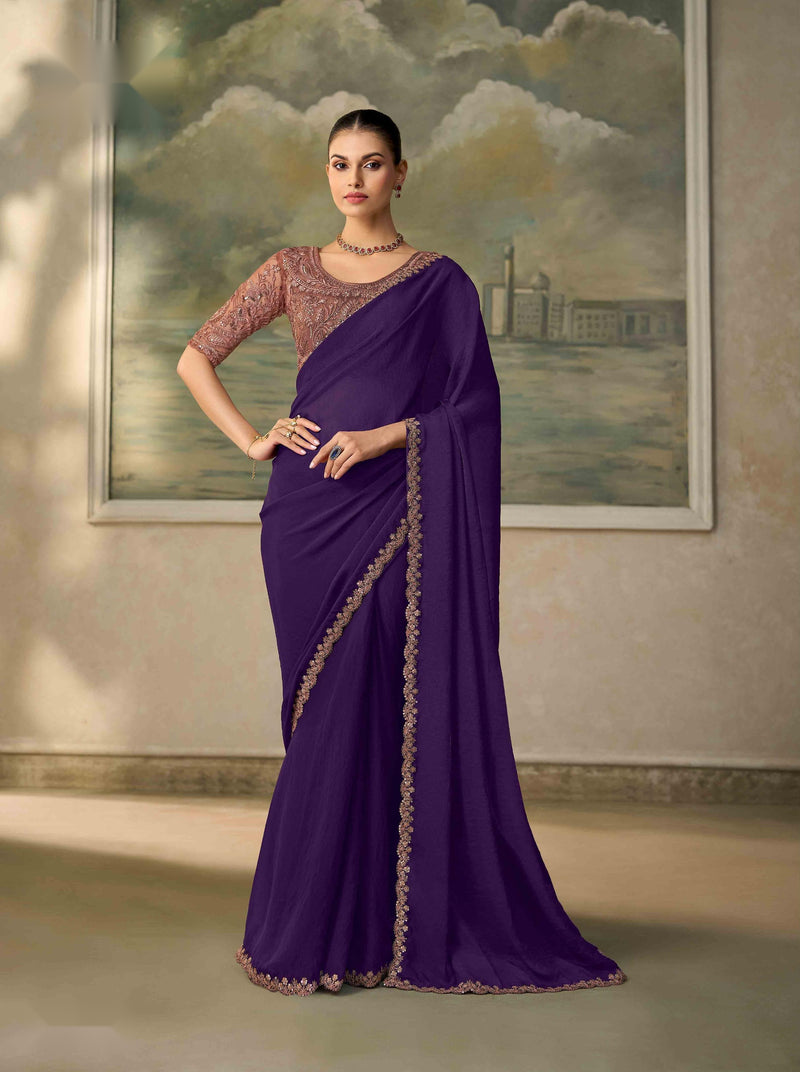 Mulberry Georgette Silk Saree with Embroidered Border PARTY