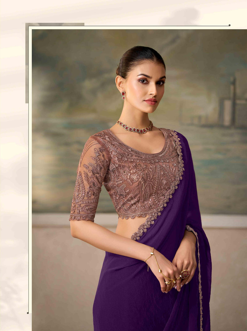 Mulberry Georgette Silk Saree with Embroidered Border PARTY