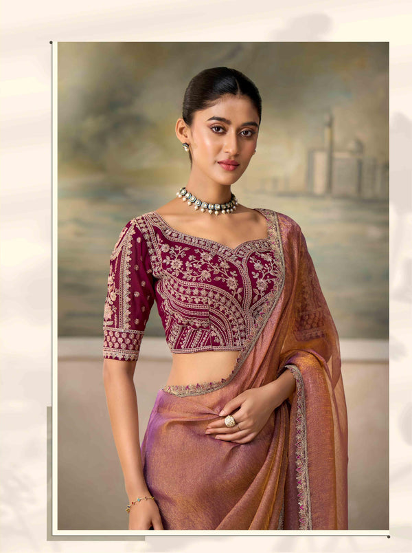 Lilac x Rust Soft Georgette Tissue Saree with Embroidered Border PARTY