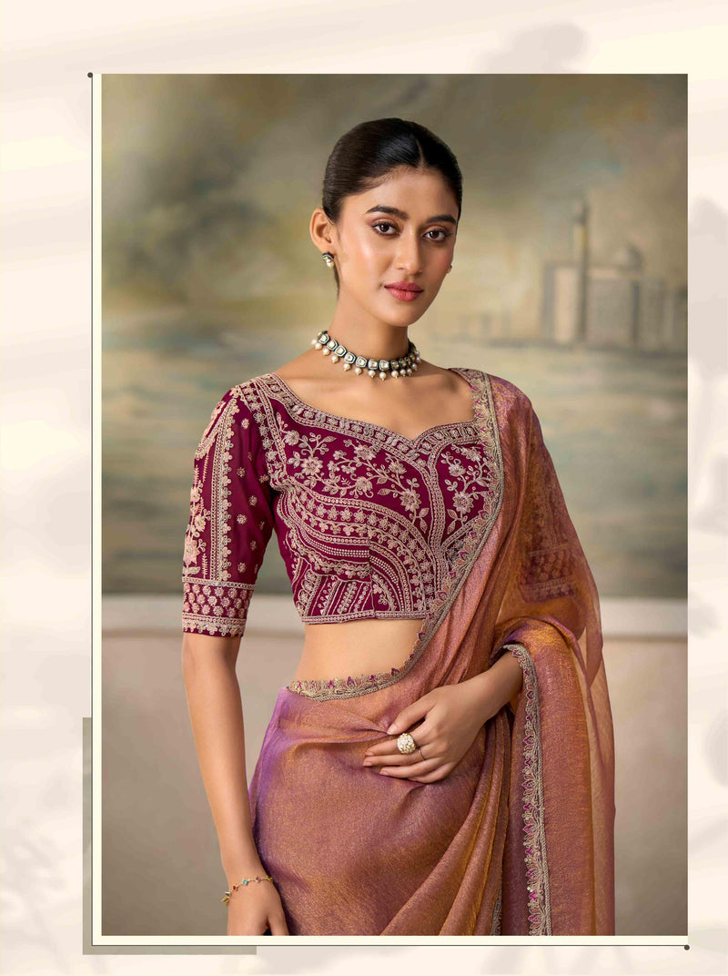 Lilac x Rust Soft Georgette Tissue Saree with Embroidered Border PARTY