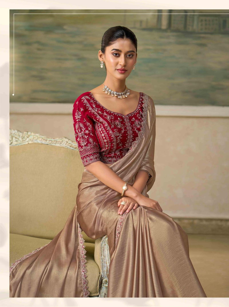 Shimmer Gold Chiffon Saree with Embroidered Border PARTY