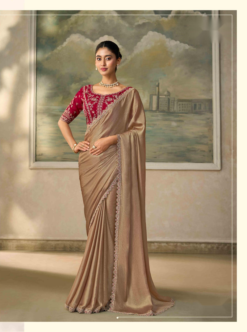Shimmer Gold Chiffon Saree with Embroidered Border PARTY