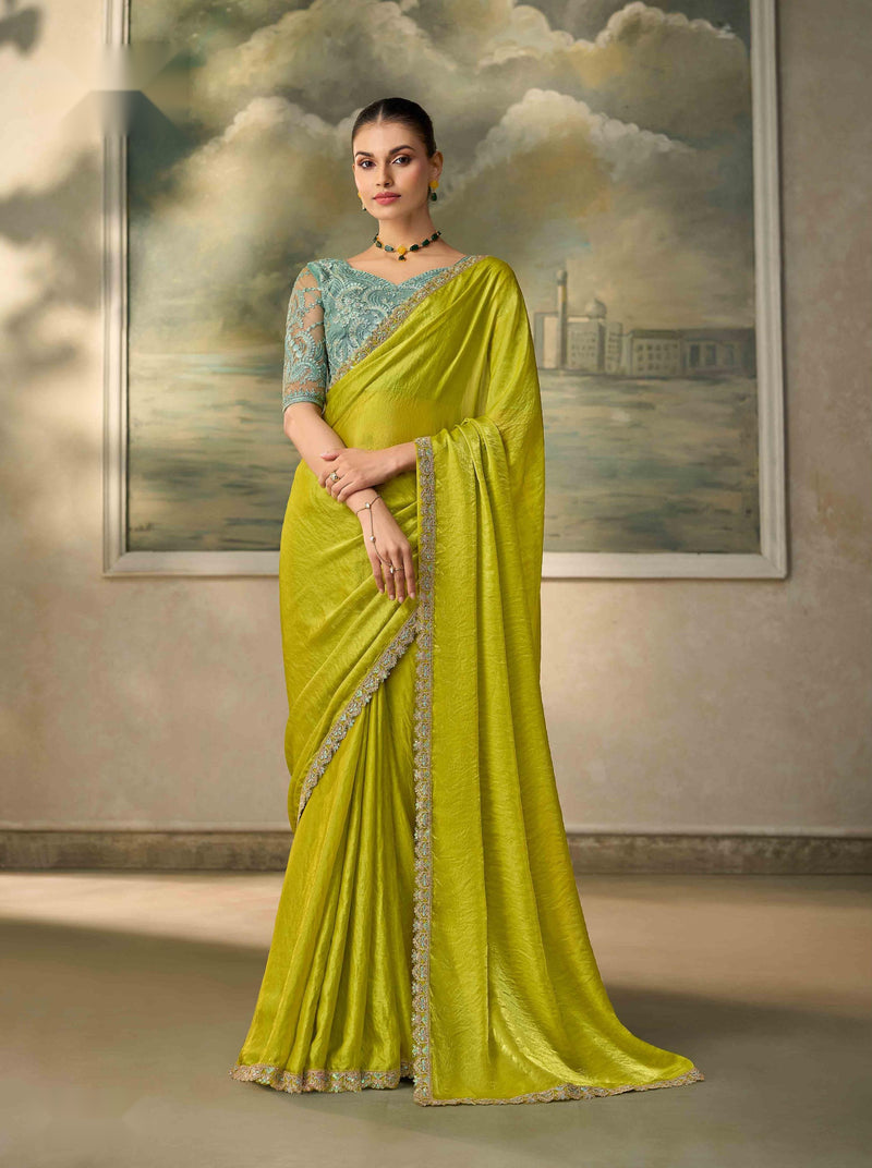 Electric Parrot Green Satin Saree with Embroidered Border PARTY