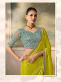 Electric Parrot Green Satin Saree with Embroidered Border PARTY