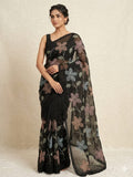 Black Floral Soft Organza Saree-F4