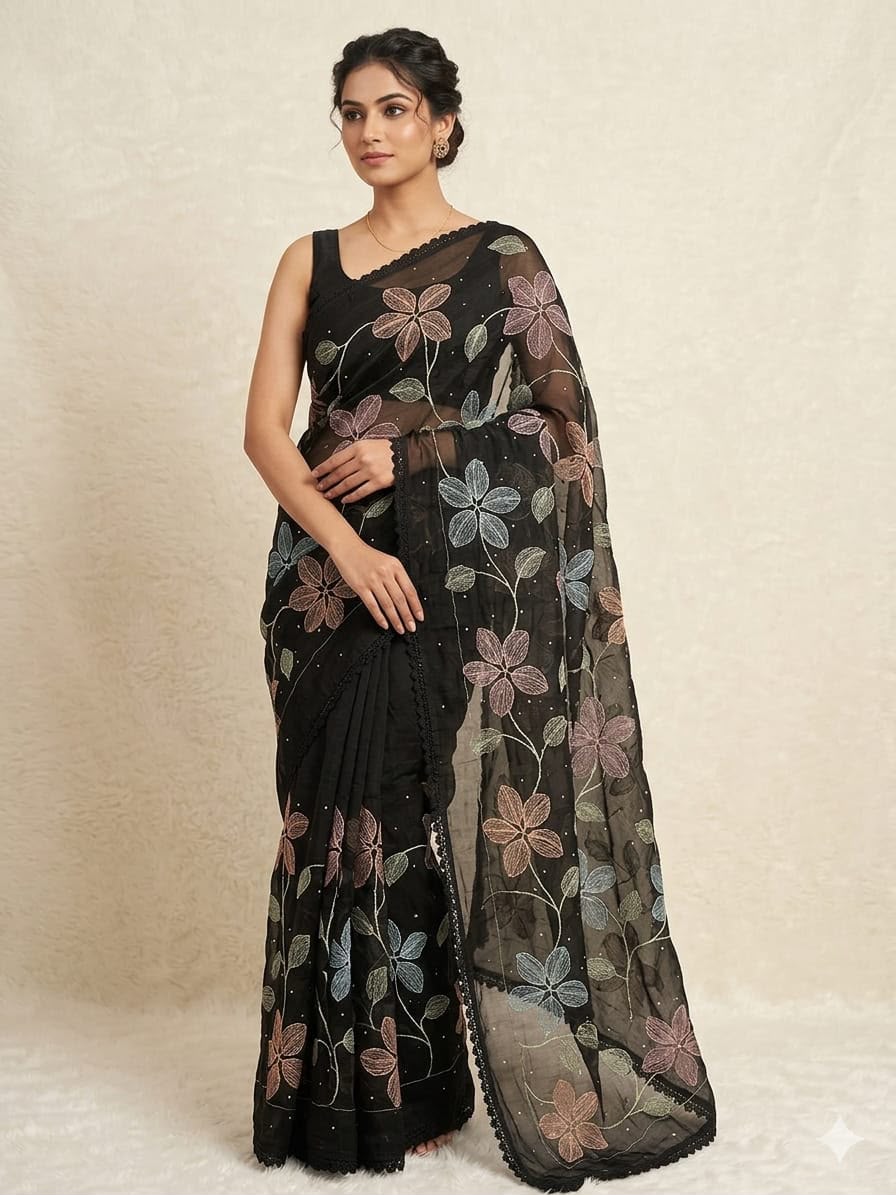 Black Floral Soft Organza Saree-F4