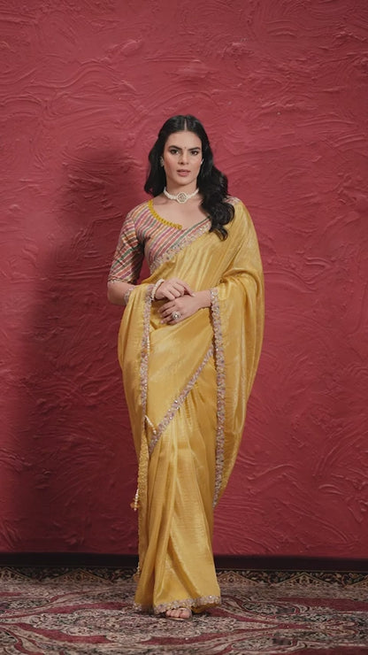 Golden yellow designer crinkle saree-DC16