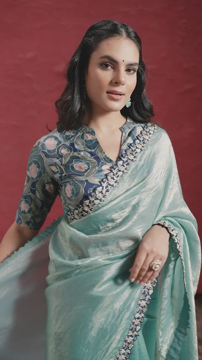 Sky blue designer crinkle saree-DC16