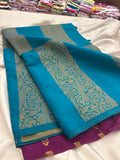 Rama Blue x Purple Soft Cotton Designer Saree with Box Pattern and Zari