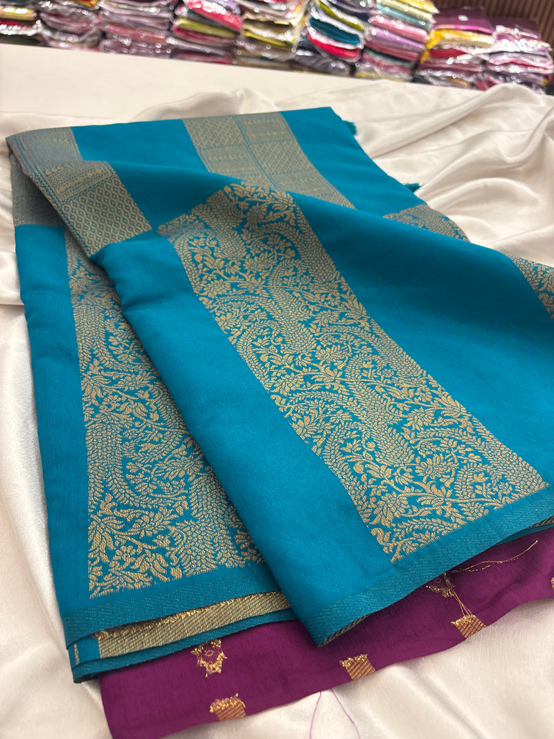 Rama Blue x Purple Soft Cotton Designer Saree with Box Pattern and Zari