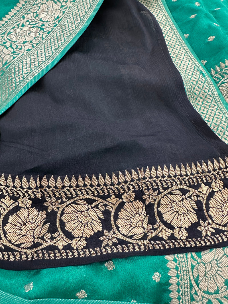 Sapphire Blue Chinon Georgette Saree with Silver Butti and Grand Leaf Pallu JU24