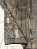 Abstract Square Box Print Chander Mul Saree - Black Brown JU25