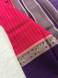 Pink x Purple Chex Pattern Assam Silk Saree with Purple Chex Blouse SALE