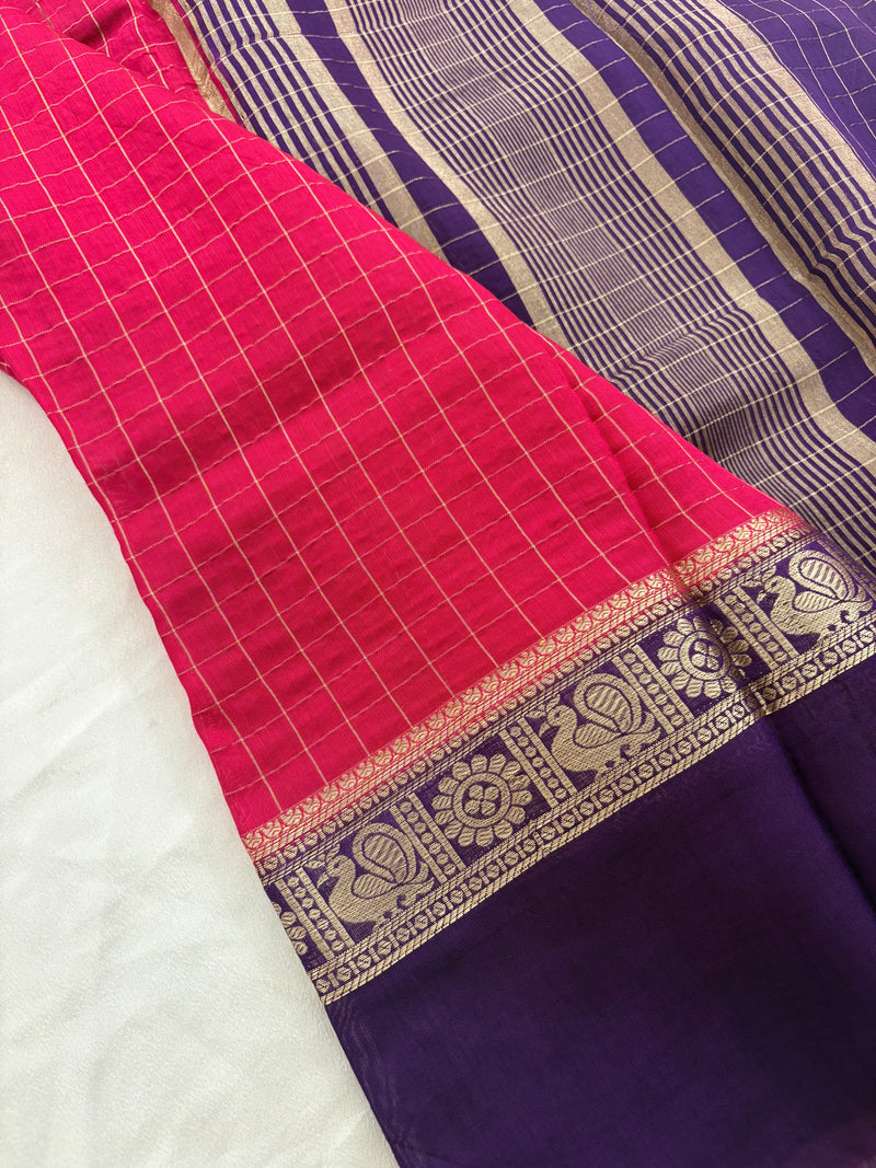 Pink x Purple Chex Pattern Assam Silk Saree with Purple Chex Blouse SALE