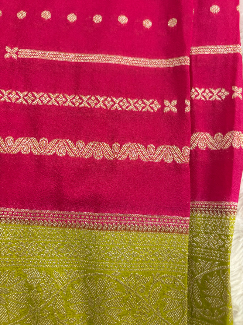 Pink x Green Viscose Silk Saree with Lines and Butta Pattern SALE