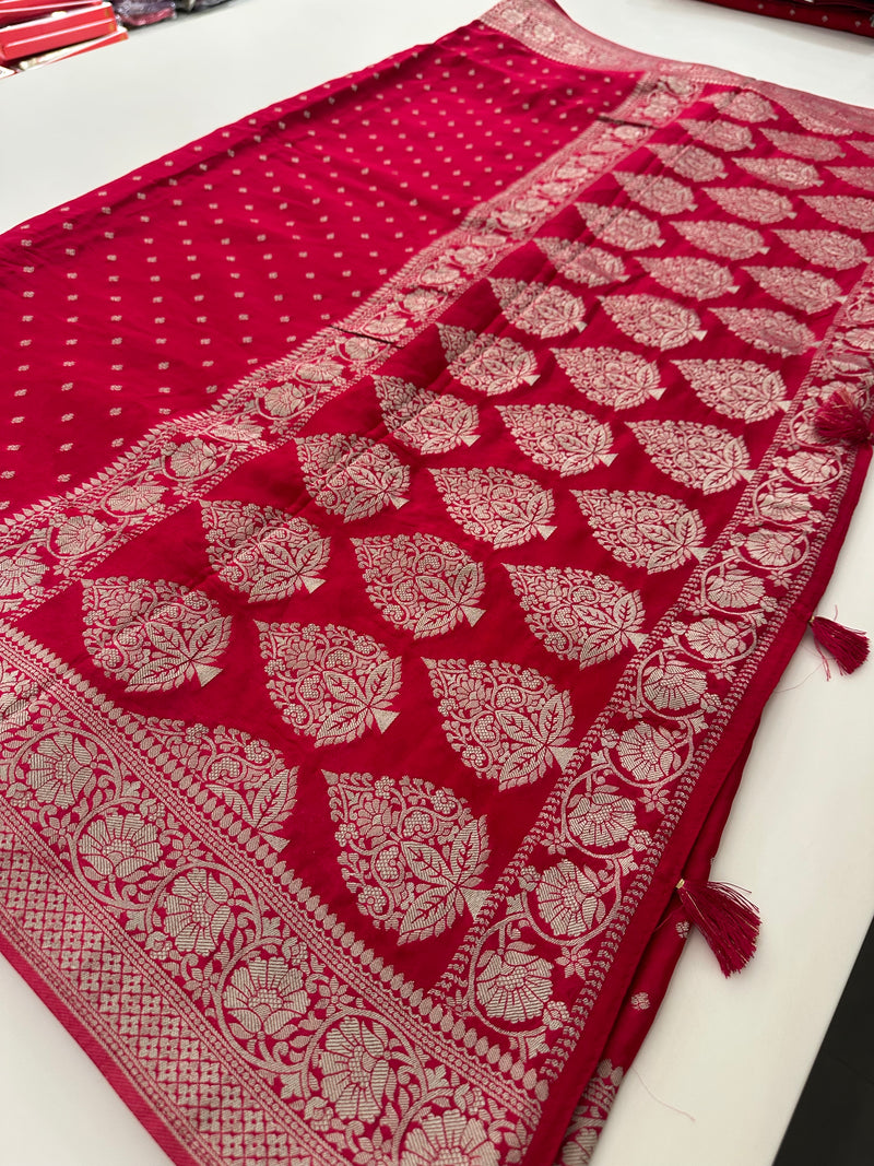 Rani Pink Chinon Georgette Saree with Silver Butti and Grand Leaf Pallu JU24
