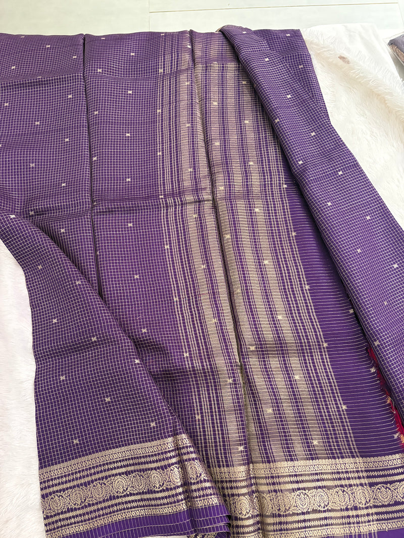 Purple Checks Saree with Golden Stripe Pallu and Contrast Pink Blouse SALE
