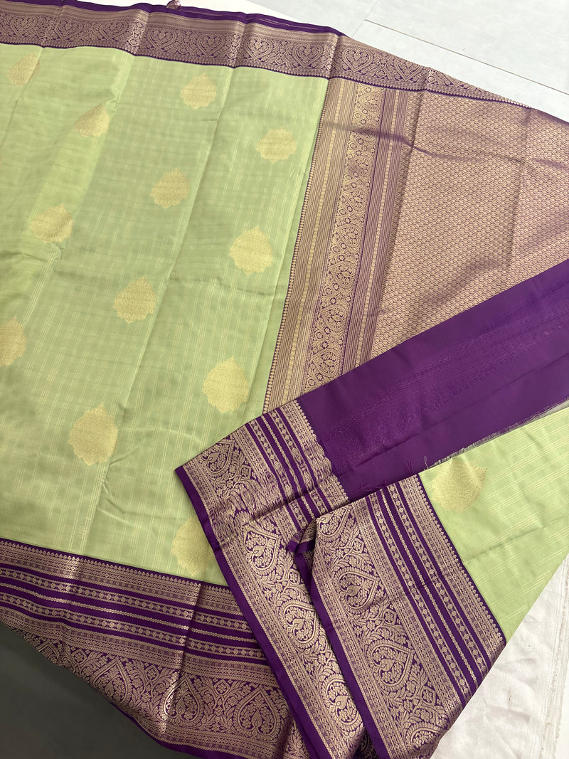 Pista Green x Purple Semi Silk Saree with Chex Pattern and Leaf Butta