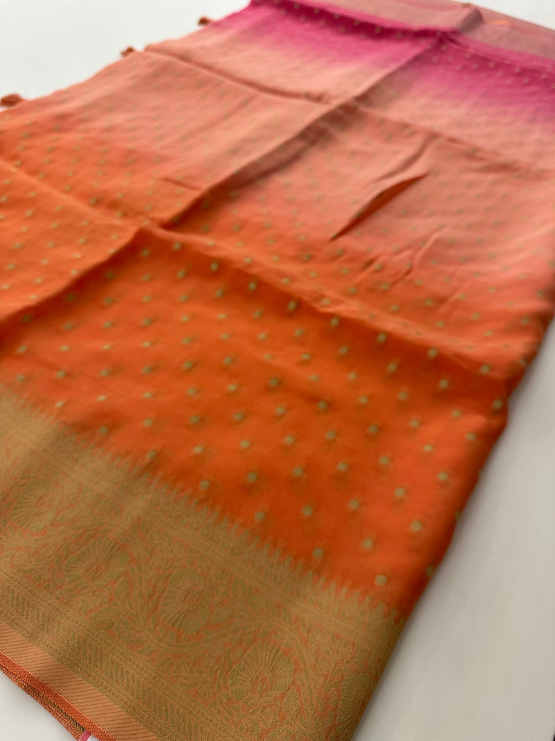 Baby Pink with Orange Shade Georgette Designer Saree with Small Gold Butta JU24