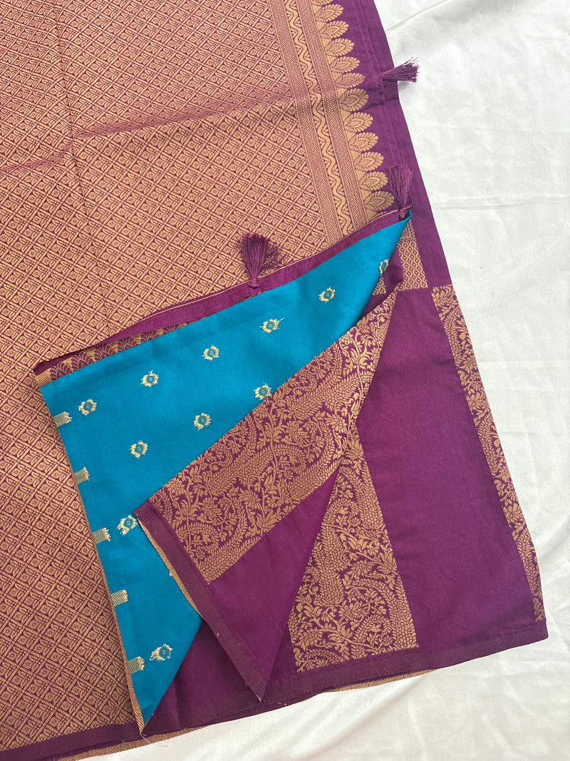 Purple x Rama Blue Soft Cotton Designer Saree with Box Pattern and Zari