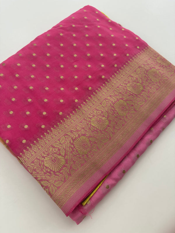 Yellow Pink Shade Georgette Designer Saree with Small Gold Butta JU24