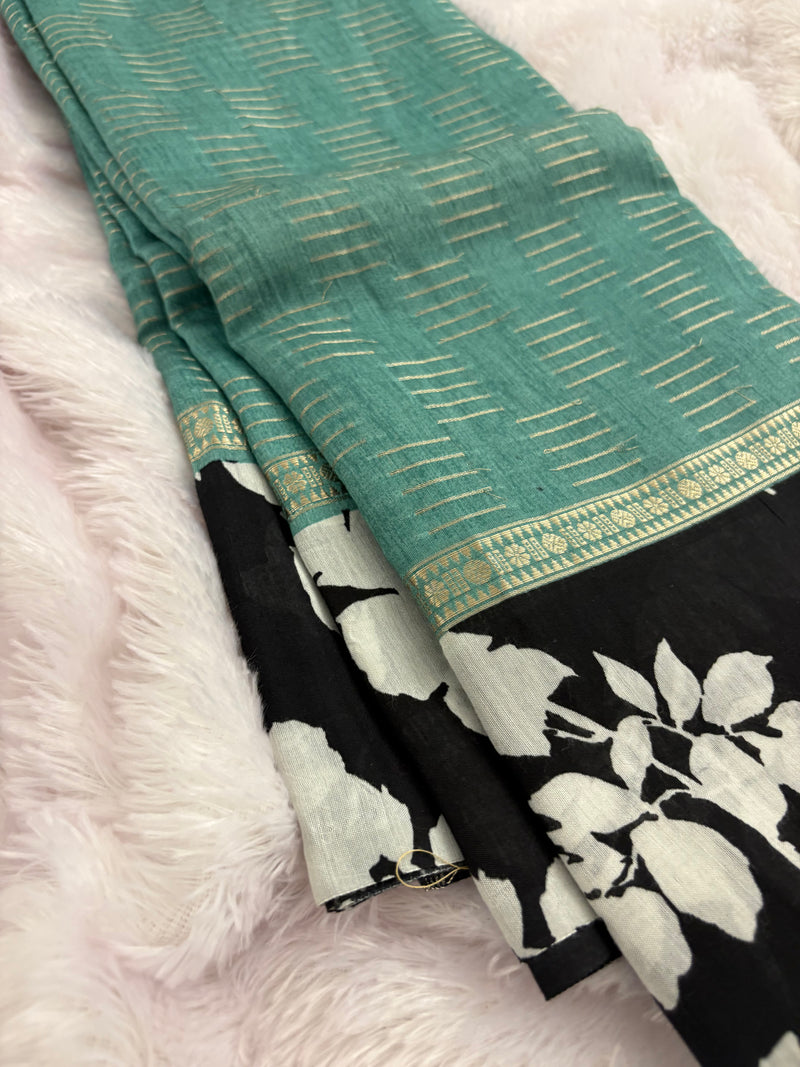 Pista Green x Black Assam Silk Saree with Floral Border and Striped Pallu SALE