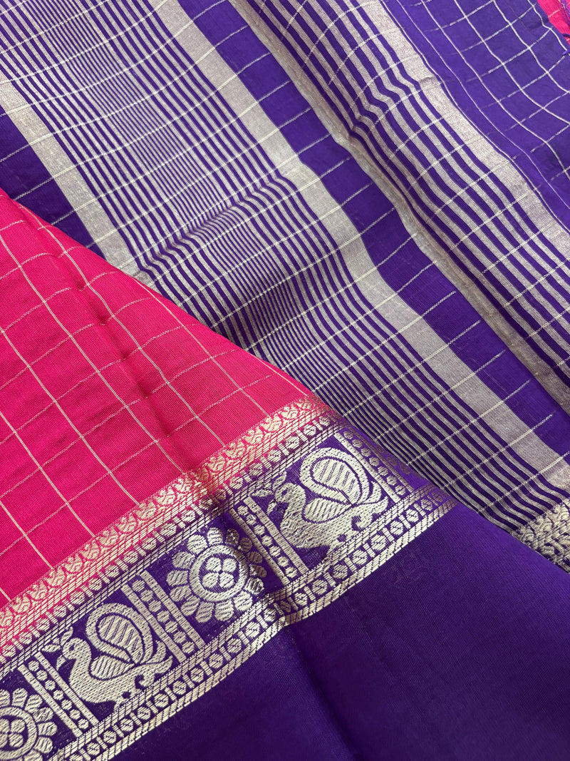 Pink x Purple Chex Pattern Assam Silk Saree with Purple Chex Blouse SALE
