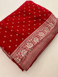 Red Chinon Georgette Saree with Silver Butti and Grand Leaf Pallu JU24