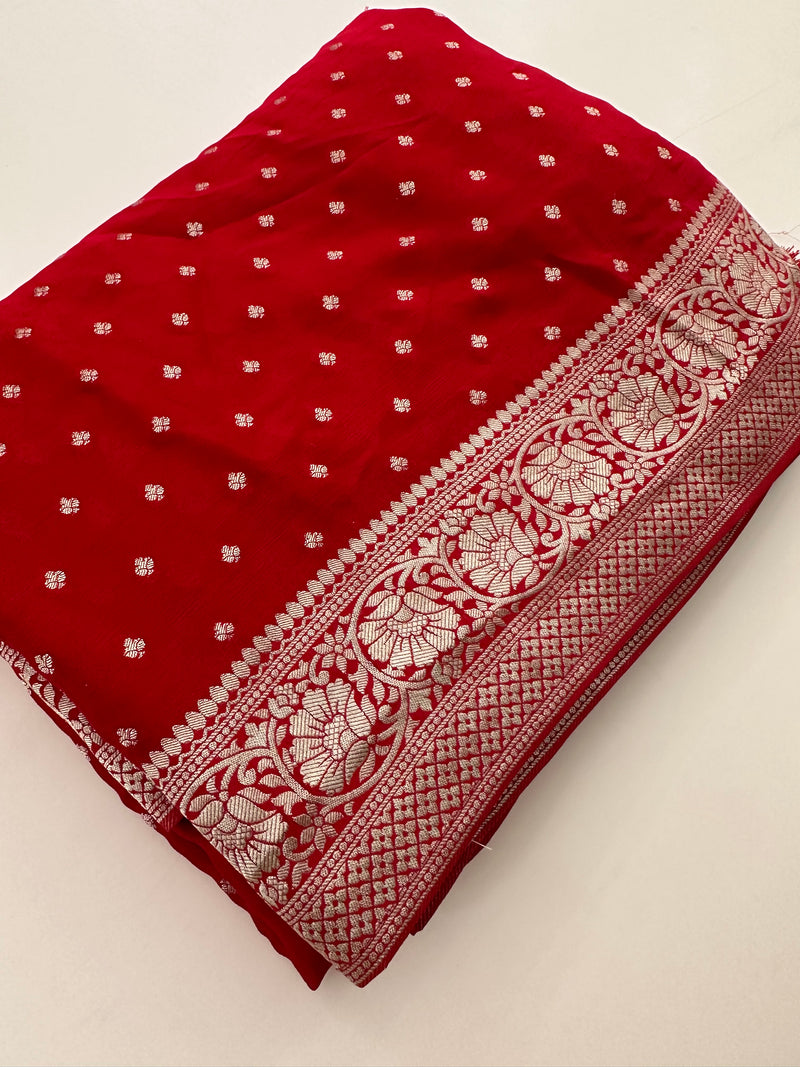 Red Chinon Georgette Saree with Silver Butti and Grand Leaf Pallu JU24