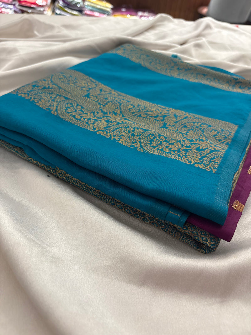 Rama Blue x Purple Soft Cotton Designer Saree with Box Pattern and Zari